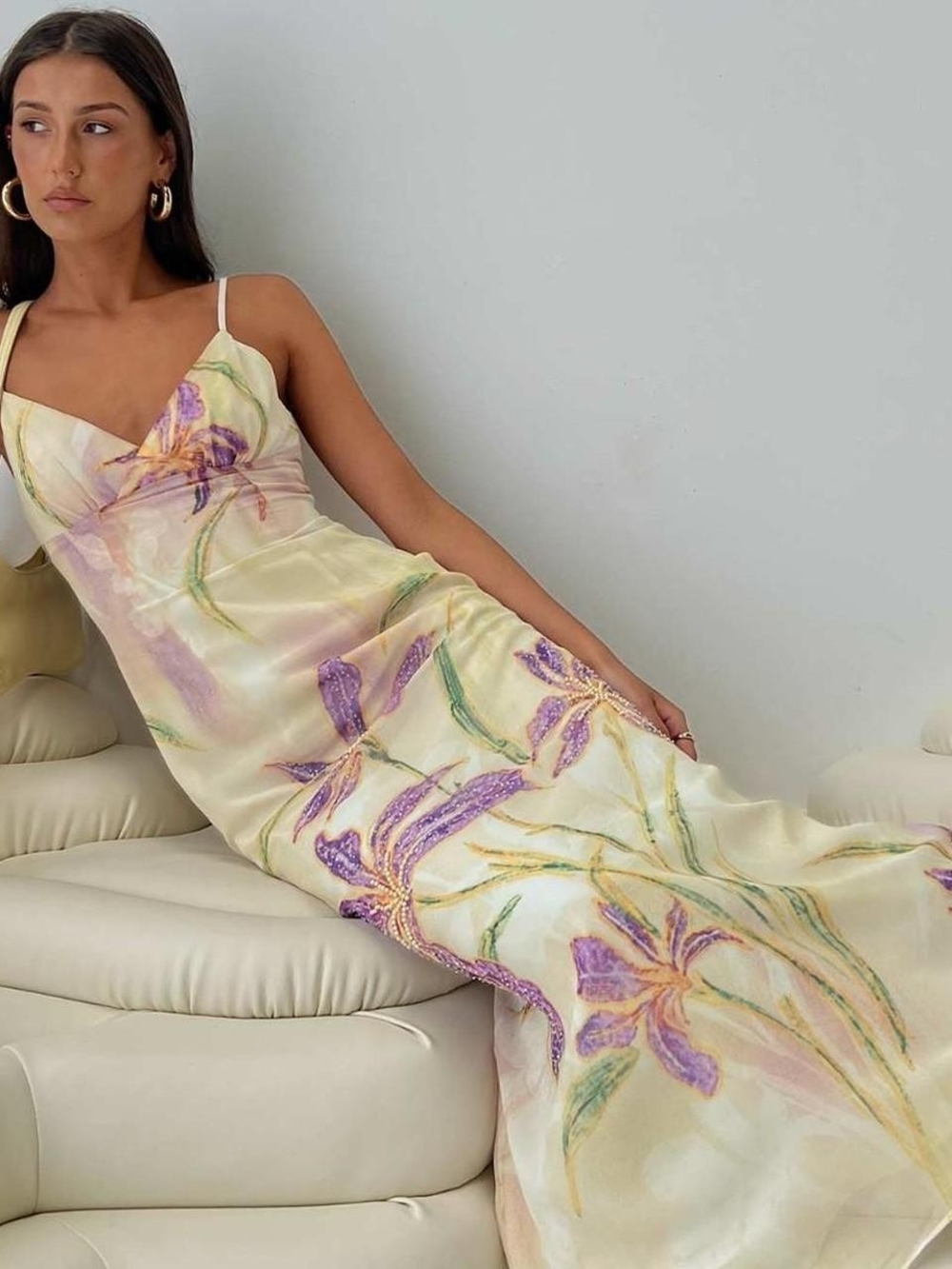 Princess Polly Cream Slip Maxi Dress with Lavender Floral Print